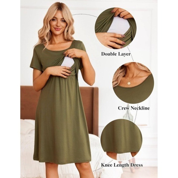 Nursing & Maternity Dress –Short Sleeve, Patchwork, Knee Length Green 2XL - Picture 1 of 5